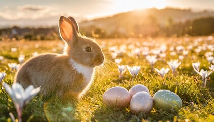 cute little easter bunny sitting near easter eggs in flowery meadow golden hour sun is shining banner image