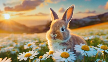 Wall Mural - cute baby rabbit as easter bunny on daisies as illustration