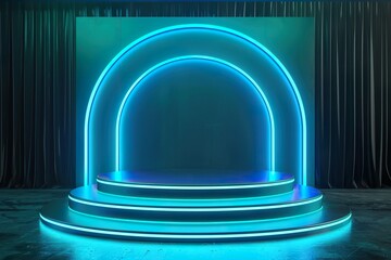 Wall Mural - Beautiful modern futuristic podium with neon blue lighting for product presentation