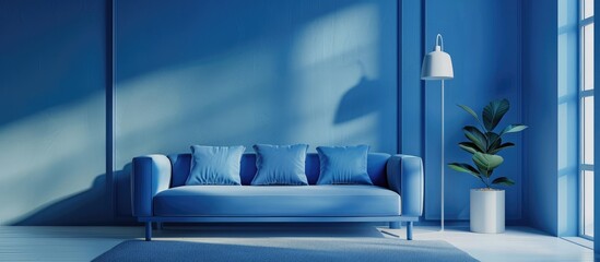 Modern blue room with sofa. Scandinavian interior design.