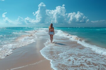 Wall Mural - A woman enjoys a solitary walk on a pristine beach with clear turquoise waters and a sunny sky