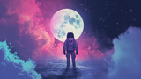 Fototapeta Na ścianę - Astronaut on foreign planet in front of spacetime portal light. Science fiction universe exploration. 3D render