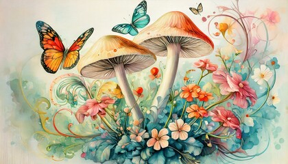Wall Mural - A vivid and ornate illustration depicting mushrooms intertwined with flowers and fluttering