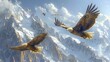 Two Accipitridae birds of prey soar over a snowcapped mountain