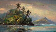 Abstract Palette Knife Oil Painting Of A Serene Tropical Lush Island In A Muted Sepia