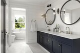 Fototapeta Las - Luxury home: Light-flooded bathroom with spacious dark blue vanity, two sinks, bathtub, circular mirrors, stylish closet.