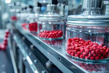 Wall Mural - Jar filling with red tablets on a packaging line in a pharmaceutical factory