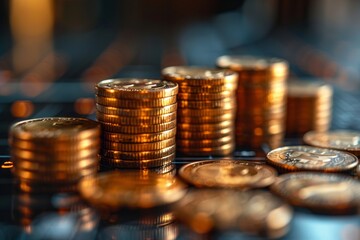 A close-up of stacked shiny coins representing wealth, finance, and savings on a reflective dark background