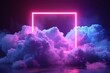 3d rendering, abstract geometrical background with square neon frame and stormy cloud glowing with pink blue light, Generative AI 