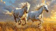 Two white horses galloping in a grassy field at sunset