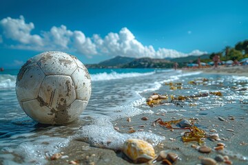 Wall Mural - An old soccer ball sits on the beach with waves approaching, depicting a tranquil yet playful scene