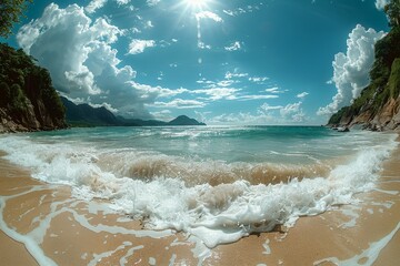 Wall Mural - A panoramic view capturing the serenity of a tropical beach with vibrant ocean waves under a sunny sky