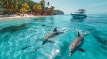 Three Graceful Dolphins Swim In Azure Waters, With A Boat In The Background