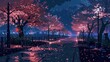 © Matthew - Beautiful night scenery featuring anime cherry blossoms, rendered in 8-bit pixel art.