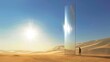 © Justlight - In the scorching heat of the desert a man stands next to a solar power tower its reflective surface capturing the intense sunlight. . .