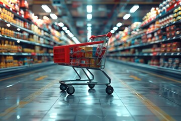 A full shopping cart ready for checkout in the brightly lit aisle of a well-stocked grocery store