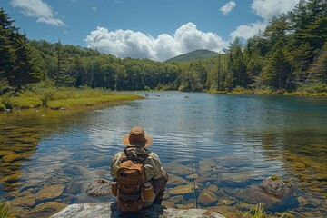 Wall Mural - A tranquil scene of a person sitting by a serene forest lake, reflecting on nature's beauty