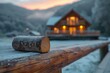 A frost-covered log in focus with a warm glowing cabin in the blurred background at dawn