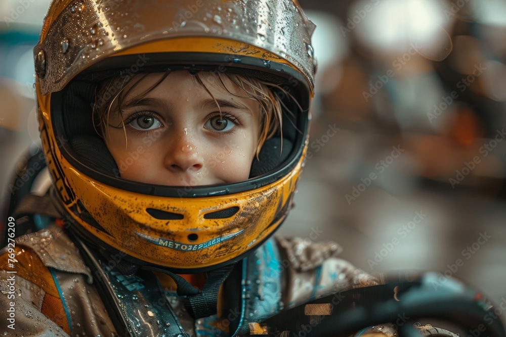 Young child racer with a wet helmet looks pensive in a rainy setting ...
