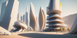 Imaginary design drawings of futuristic science fiction buildings
