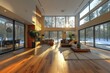 The golden hour sunlight filters through large windows into a grand living space with high ceilings and modern furnishing