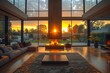 A luxurious living space with sleek, modern furnishing and a stunning central fireplace set against a sunset backdrop