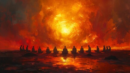 Wall Mural - A group of people meditating in a circle their eyes closed and expressions serene as their astral projections meet in the center above them.