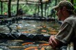 A man monitors the condition of the water on a fish farm.