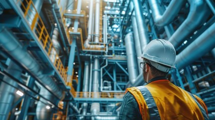 Wall Mural - close-up of industrial pipes of oil refinery, back of engineer, technician, reading drawing, drawing, industrial engineering, blueprint, industrial background.