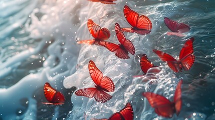 Digital red velvet butterfly flying on the surface of ocean fantasy scene abstract graphic poster web page PPT background