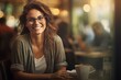 Beautiful young woman smiles joyfully, enjoying a delightful dining experience at a lively restaurant. Generative AI.