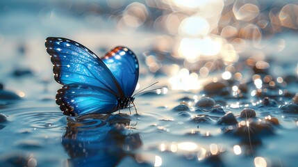 Digital blue butterfly on the surface of crystal transparent water fantasy scene abstract graphic poster web page PPT background