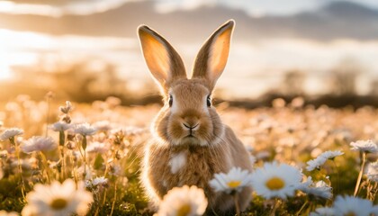 Wall Mural - cute easter bunny in a field of flowers