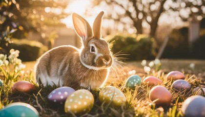 Wall Mural - attractive easter bunny is hiding colorful easter eggs in the garden