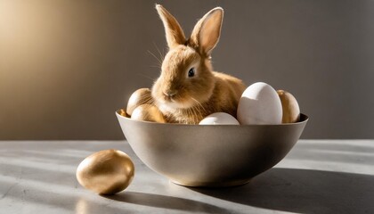 Wall Mural - easter bunny with eggs in bowl on grey background