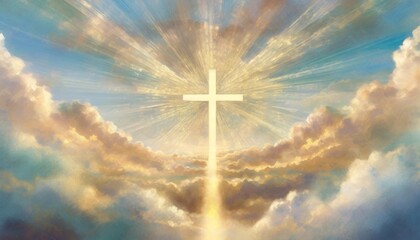 Wall Mural - resurrection light cross shape in clouds risen jesus ascends to heaven scene