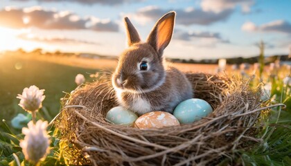 Wall Mural - cute baby brown bunny in a bird s nest with easter eggs