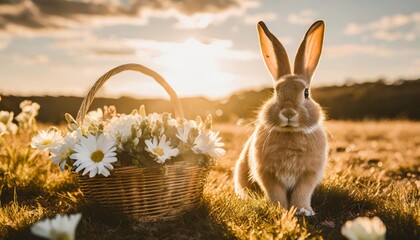 Wall Mural - cute easter bunny with a basket full of flowers