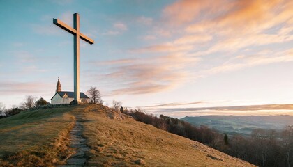 Wall Mural - cross on the hill church background