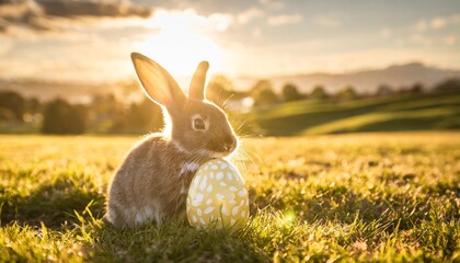 Wall Mural - cute little rabbit holding easter egg on green fieldd