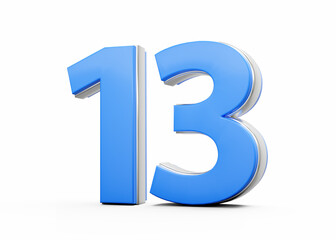 3d number 13 thirteen made up of blue body with silver outline on white background 3d illustration