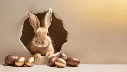 Wall Mural - easter bunny peeking out of a hole with chocolate easter eggs on pastel wall banner