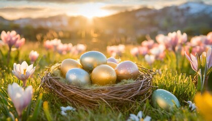 Wall Mural - colorful easter eggs in nest on grass with spring flowers background