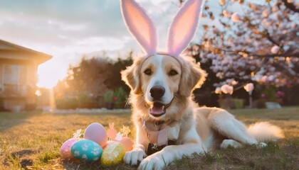 Sticker - photo of dog in garden with easter bunny ears and eggs