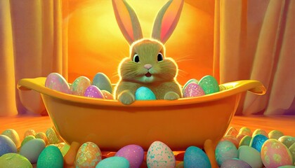 Wall Mural - illustration of happy easter bunny with many colorful easter eggs in orange bathtub