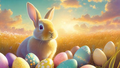 Wall Mural - cute easter bunny and colorful eggs holiday design