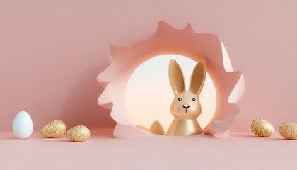 Wall Mural - easter bunny peeps out of the hole on pastel pink background 3d rendering