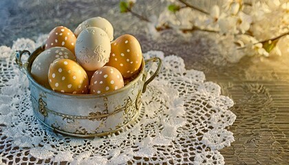 Wall Mural - easter postcard with polka dot eggs in a vintage container on a lace doily