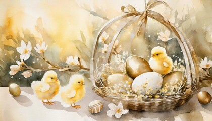 Wall Mural - the watercolor of easter decoration with eggs and chicks