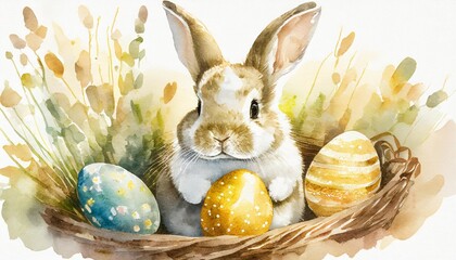 Wall Mural - watercolor painting of a cute baby bunny holding an easter eggs on a white background